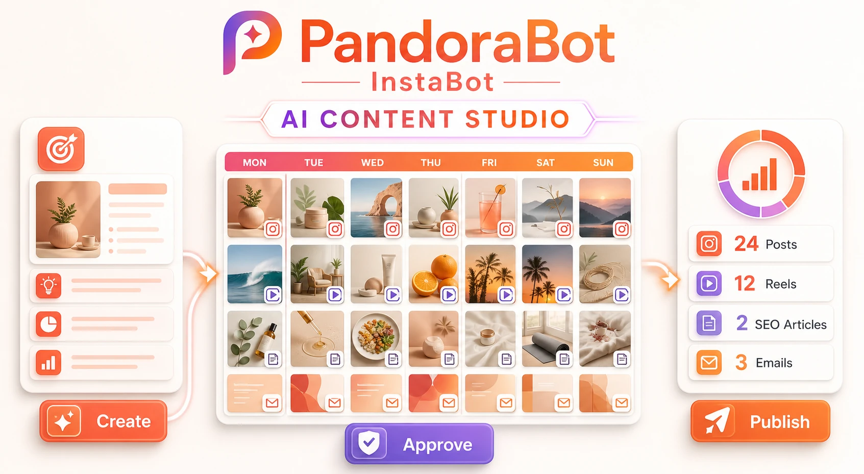 AI content studio του InstaBot με εβδομαδιαίο ημερολόγιο posts, reels, άρθρων και email